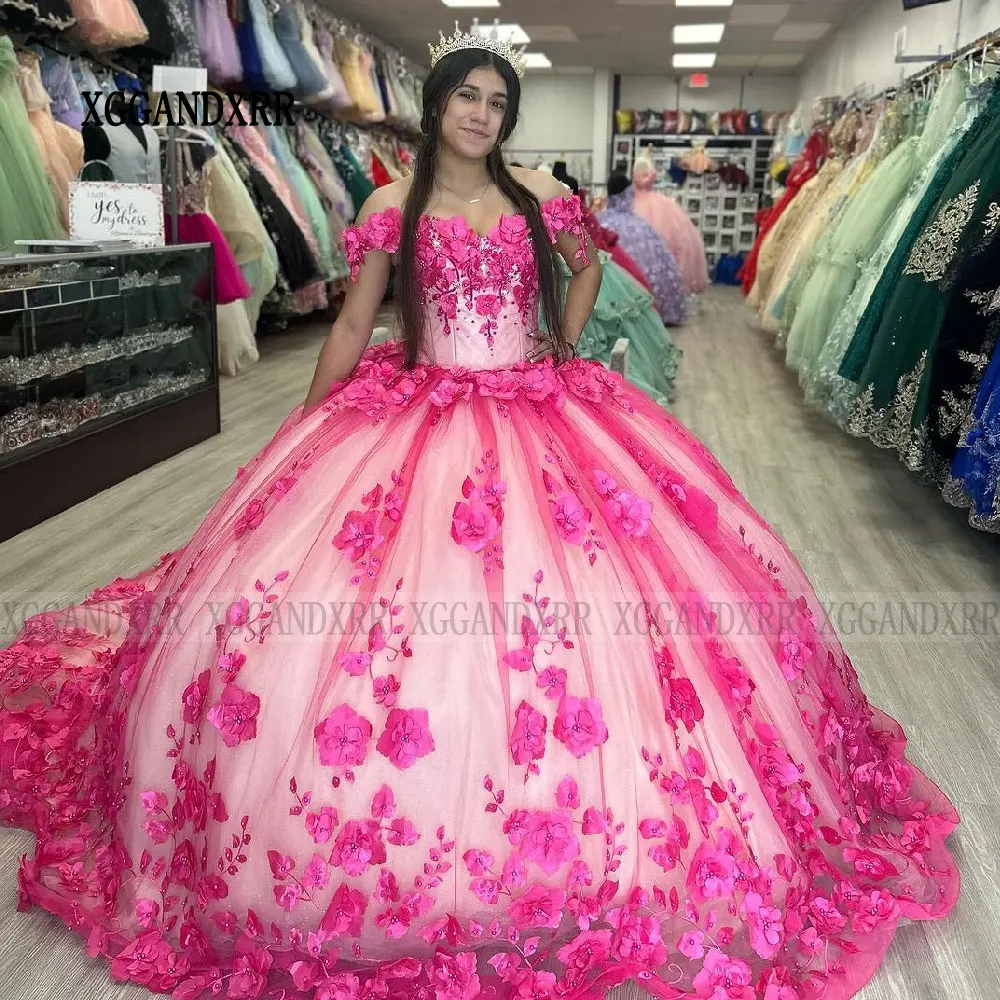 Vestidos De quinceañera rosas elegantes, Vestidos De 15 Años con cuentas, flores florales en 3D, hombros descubiertos, dulce 16, fiesta De cumpleaños Formal, 2024