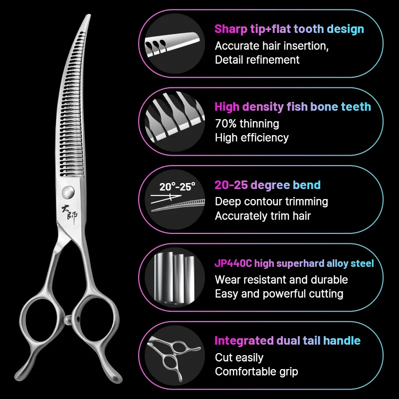 Fenice 7 Inch JP440C Steel Pet Grooming Curved Chunker Scissors Trimming Dog Hairdressing Beauty Magic Shears 70% ThinningRate