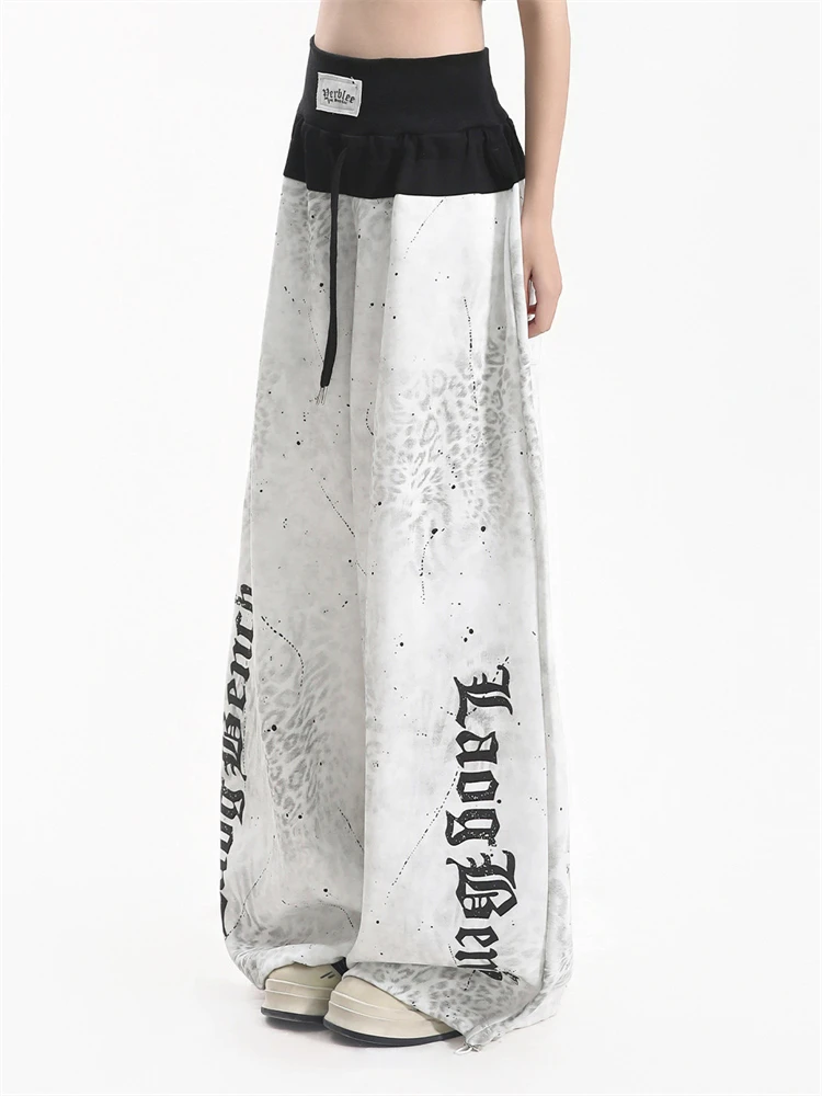 Women's Waist Splicing Ink Splatter Print Casual Pants  Y2k 90s Bottoms Unisex Wide Leg SweatpantsFemale High Waisted Trousers