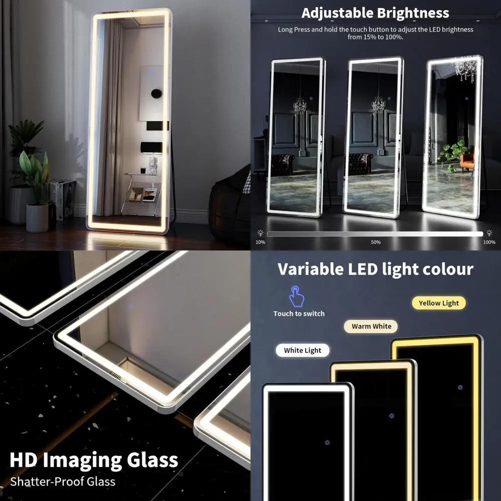 Espelho LED 63x20 de comprimento total - Espelho de chão com luzes reguláveis - 3 modos de cor, montado na parede inclinada em pé para quarto