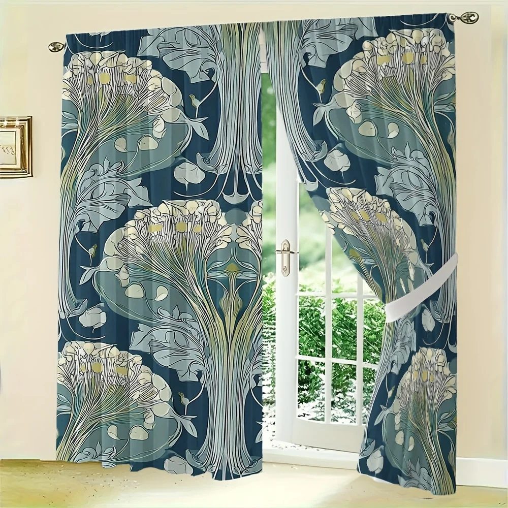 2pcs Art Nouveau Floral Curtains No Rod — Deep Indigo & Cream Botanical Motifs, Light-Filtering for All-Season Living & Bedroom