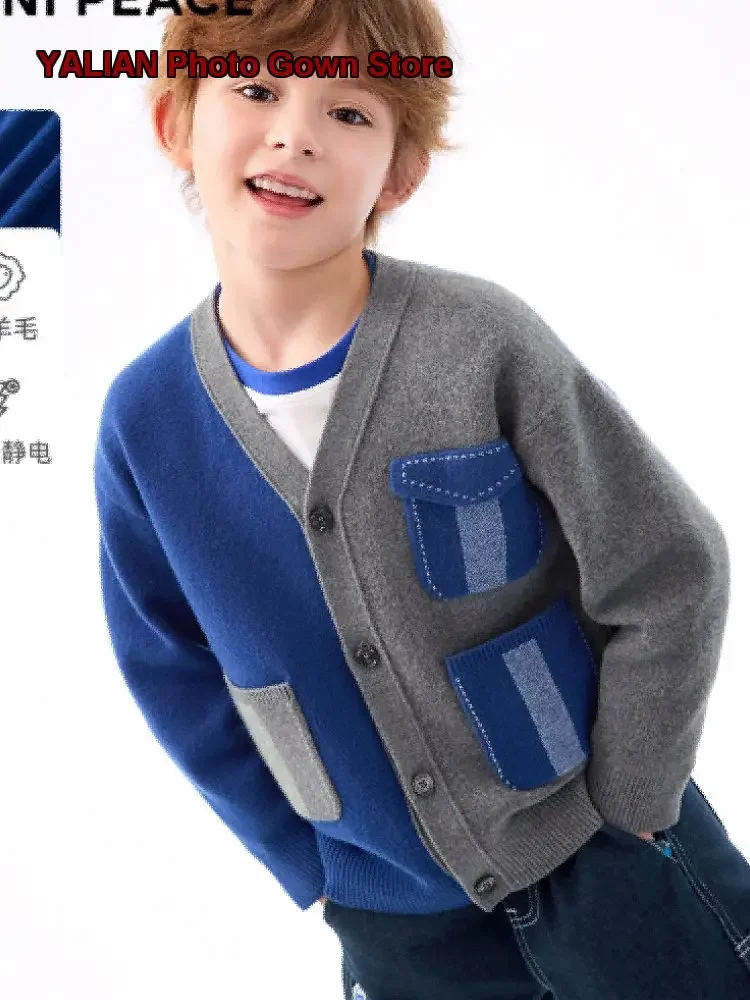 Boys Cardigan Kids Autumn College Style Contrast Color Fashionable Knit Top