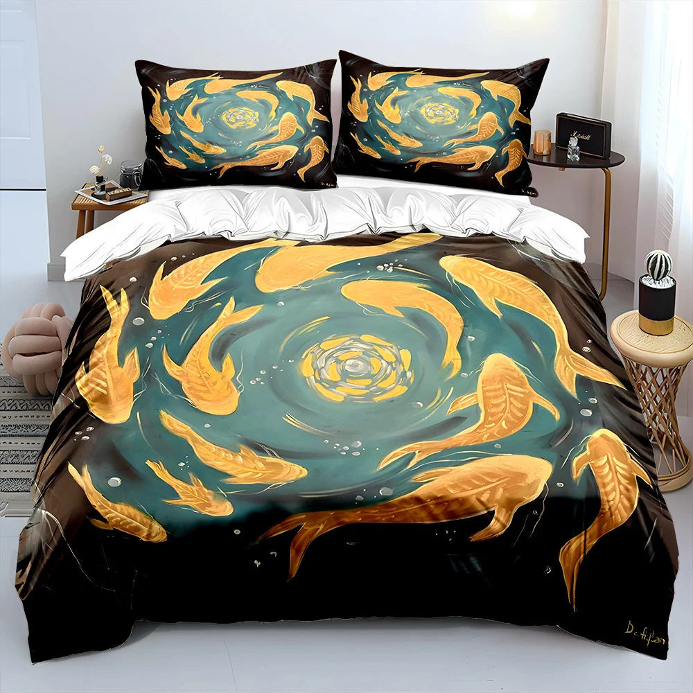 Golden fish swirling in water Bedding Set for Kids Luxury Gift 3pcs Digital Print Comforter Set Soft Comfortable Breathable