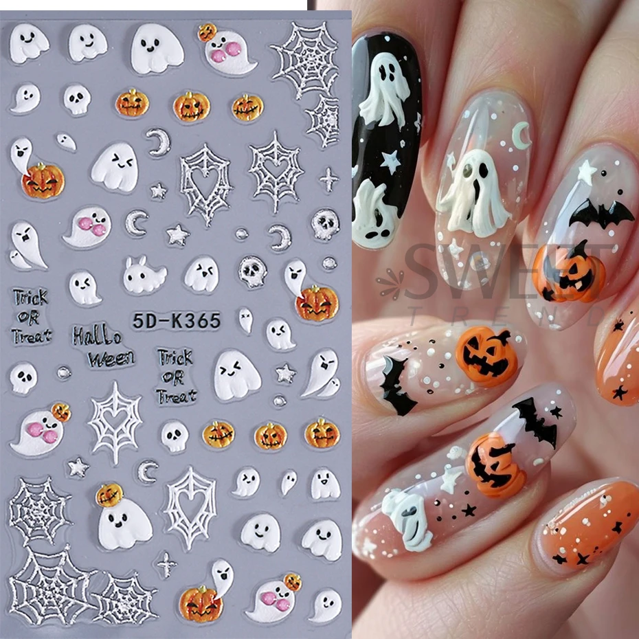 2pcs 5D Embossed Nail Stickers Cute Cat Pumpkin Star Skull Ghost Spider Web Adhesive Nail Decals Halloween Manicure Decoration