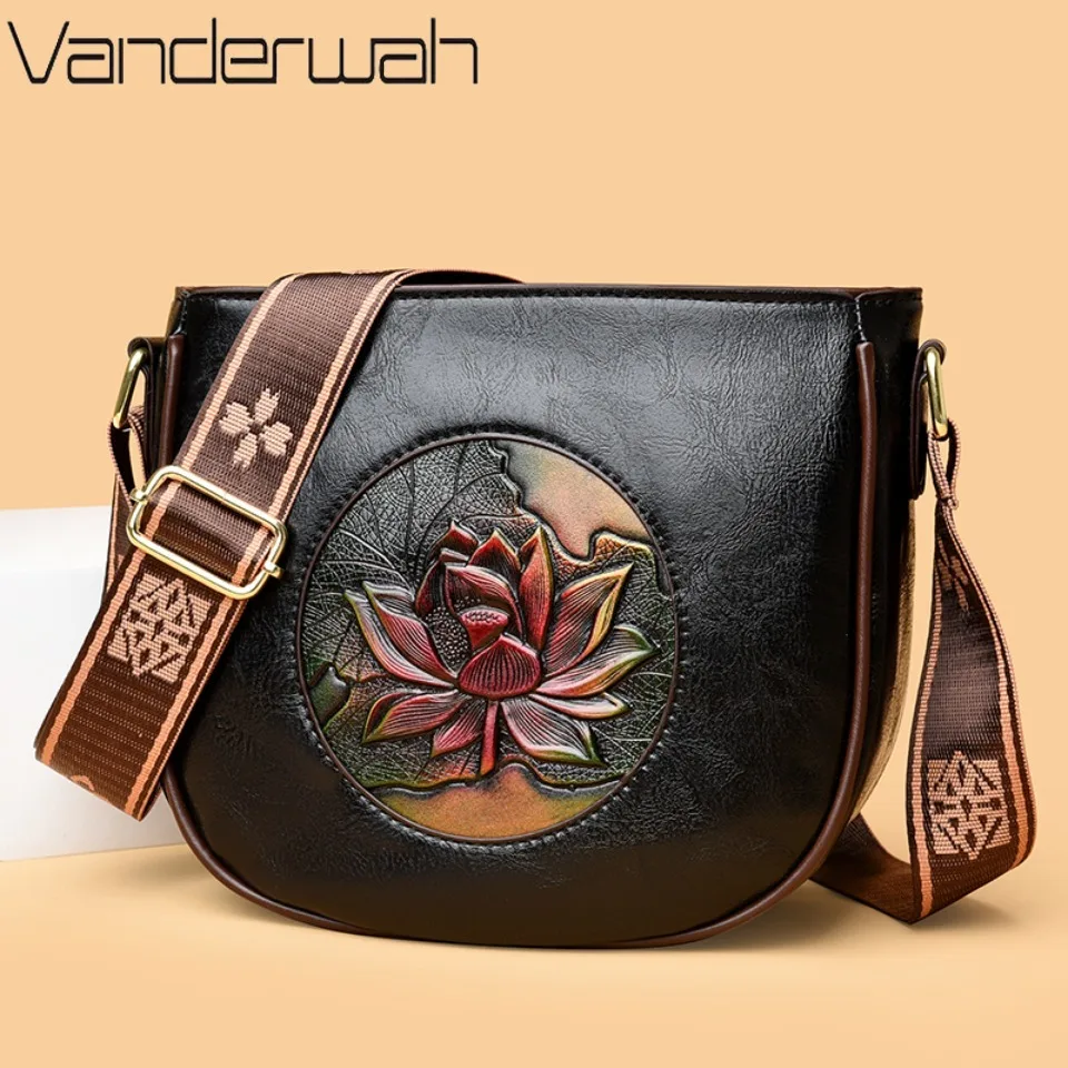 

Women's Vintage Lotus Carving Crossbody Bag Retro PU Leather Casual Messenger Bag for Daily Ladies Purse Shoulder Bag Sac A Main