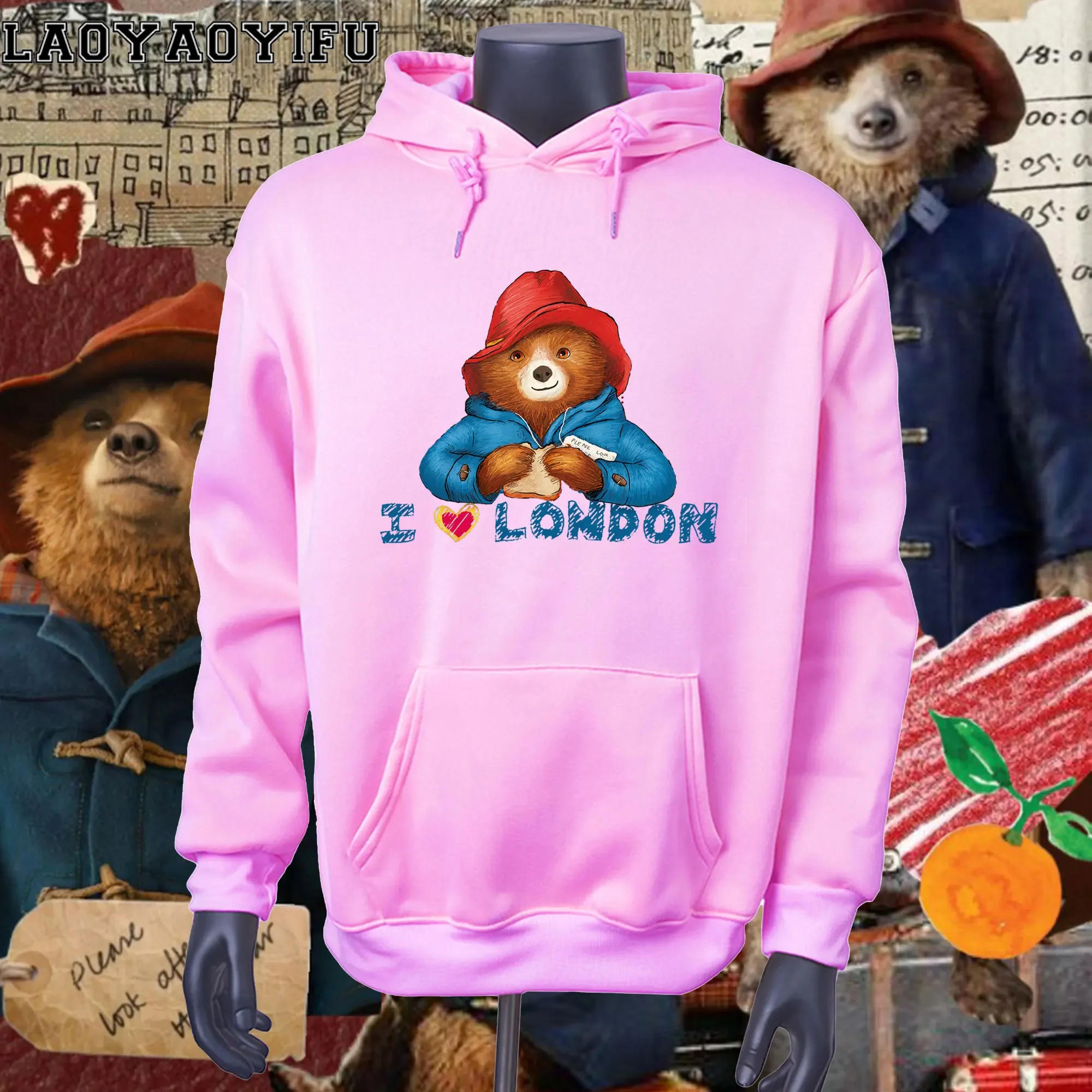 Cartoon Paddington Bear London Printed Long-sleeve Hoodie for Women Casual Everyday Autumn/winter Season Hoodies Unisex Clothing