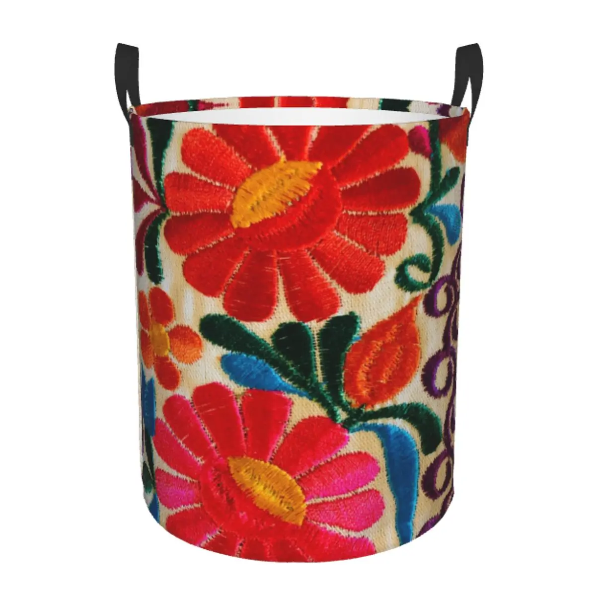 Custom Mexican Flowers Embroidery Art Laundry Hamper Large Clothes Storage Basket Textile Floral Folk Toy Bin Organizer for