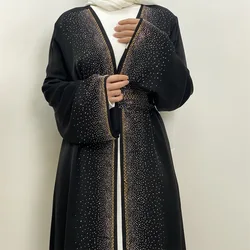 Ramadan Muslim Open Abaya for Women Lace-up Cardigan Dress with Pocket Dubai Long Dress Turkey Islamic Kaftan Femme Musulman