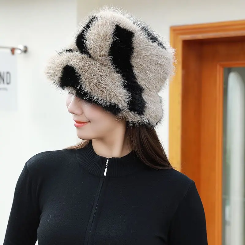 2024 luxus Flauschigen Faux Pelz Eimer Hut Frauen Imitation Pelz Warme Kaninchen Pelz Kappe Russische Frauen Panama Fischer Hut Bob Großhandel – Detail 13