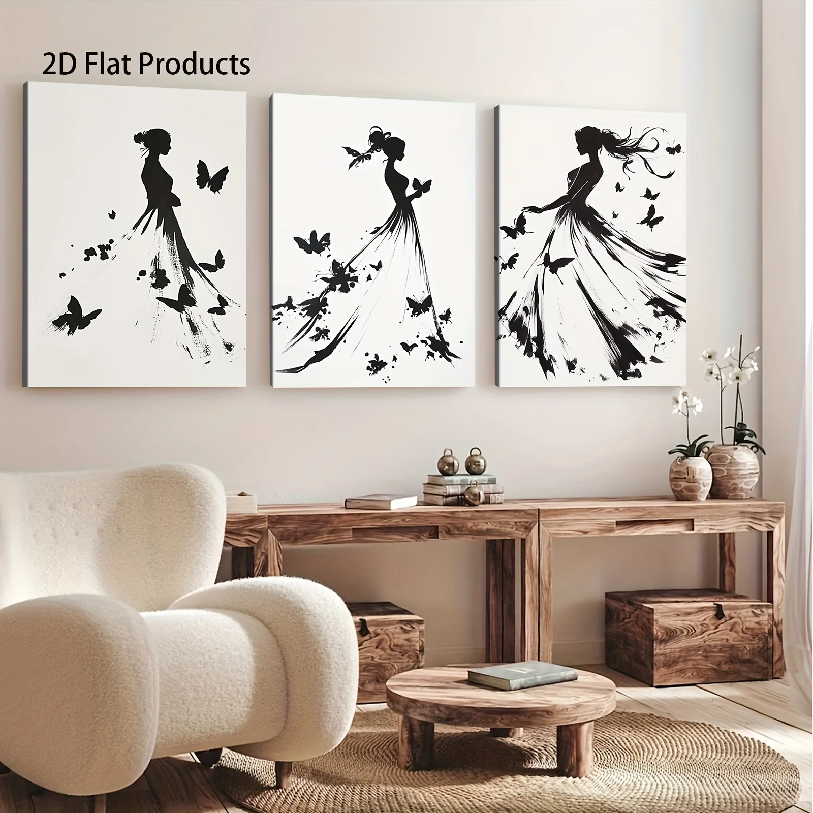 Frameless 3pcs with frame -Elegant ladies butterflies artwork Theme Canvas Wall Art Framed Painting Clearance Sale, 2D Flat,