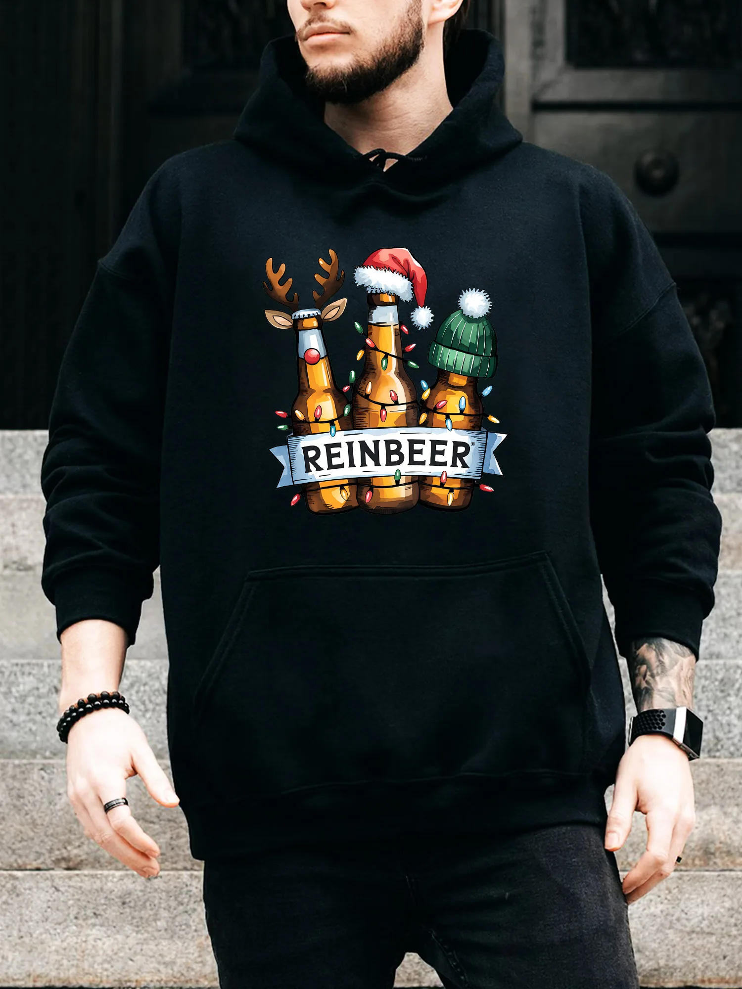 

Мужская толстовка с капюшоном на шнурке Beer Christmas Reinbeer — повседневный удобный черный пуловер, осенне-зимняя толстовка с капюшоном