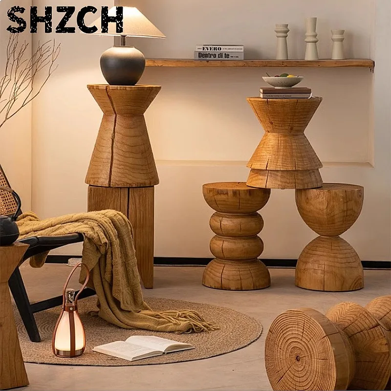 Solid Wood Coffee Table Natural Stump Stool Rustic Hand-Carved Root End Table for Living Room