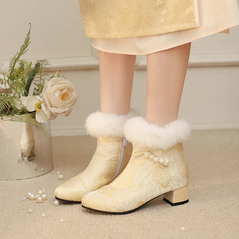 

YQBTDL 2025: милые антикварные ботильоны для девочек с кроличьим мехом, вечерние туфли принцессы с круглым носком и жемчужным украшением 12, 13, 14, 15, 16, 18