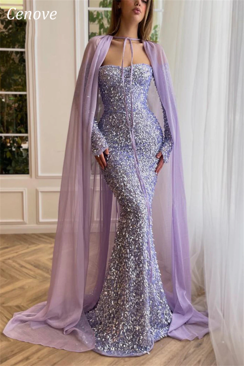 Cenove Mermaid Shawl Sequin Evening Chiffon Gown Formal Princess Prom Strapless Long Purple New Party Dresses for Women 2023