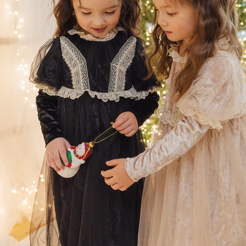 2025Autumn Strawberry Shan Korean Girl Christmas Birthday First Birthday Lace Mesh Trim Princess Dress for Girls