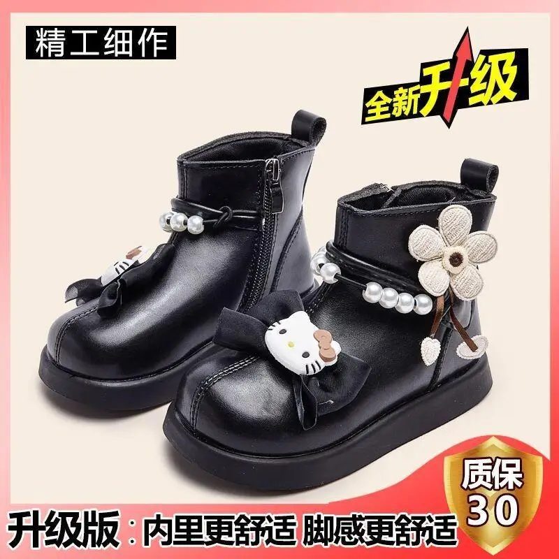 

Sanrio Hello Kitty Girls Short Boots Princess Shoes Beige Bow Pearl Single Shoes Autumn Winter Soft Children's Leather Boots