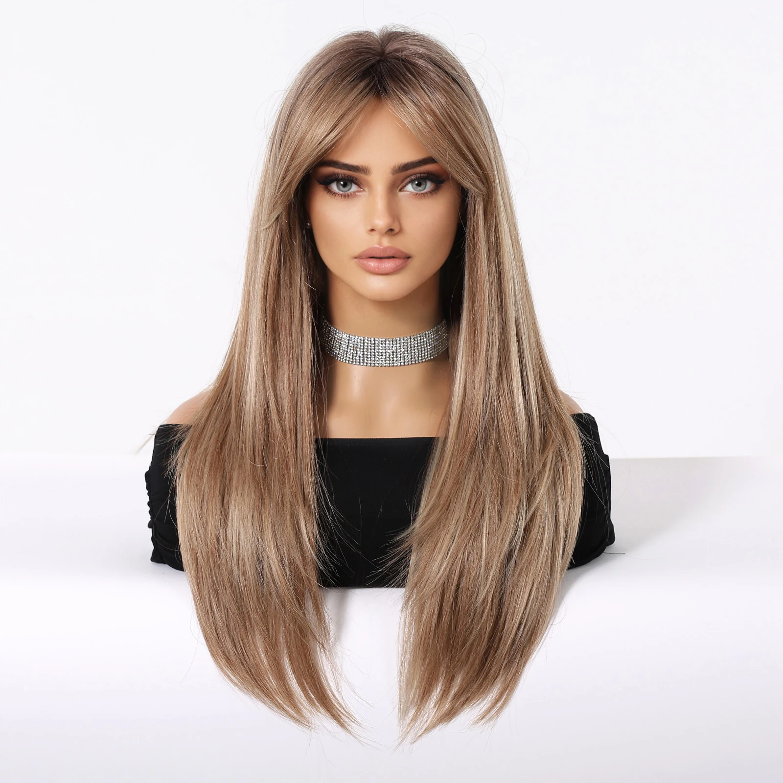 Brown Ombre Balayage Long Straight Layered Synthetic Wig with Curtain Bangs for Women Highlighted Hair Natural for Daily