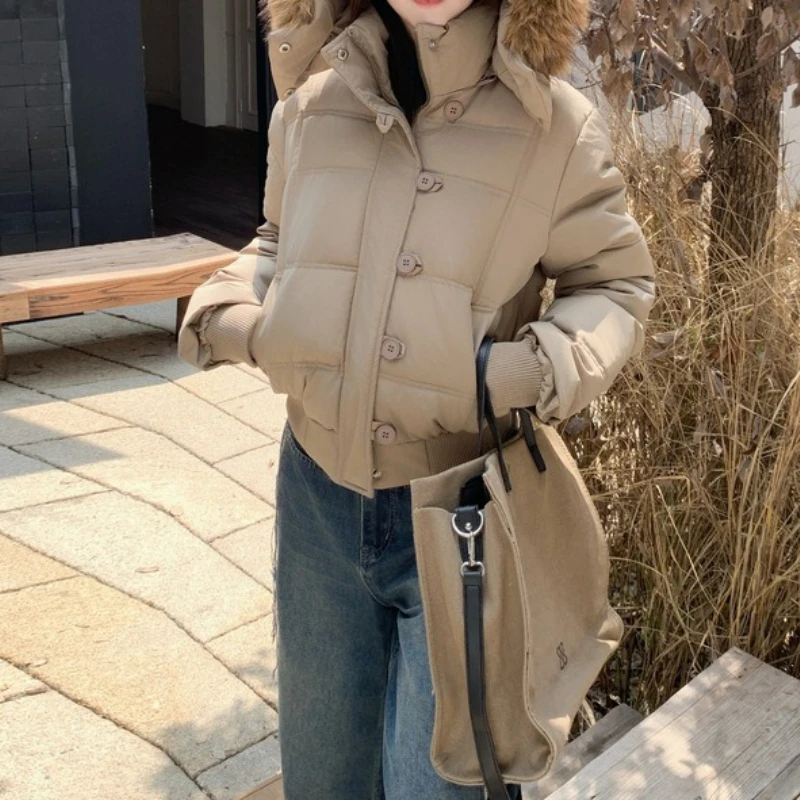 Women's Faux Fur Collar Hooded Padded Coat Winter Warm Thick Quilted Jacket Loose Fit Outerwear Trendy Cozy Soft Warm Cute Coats
