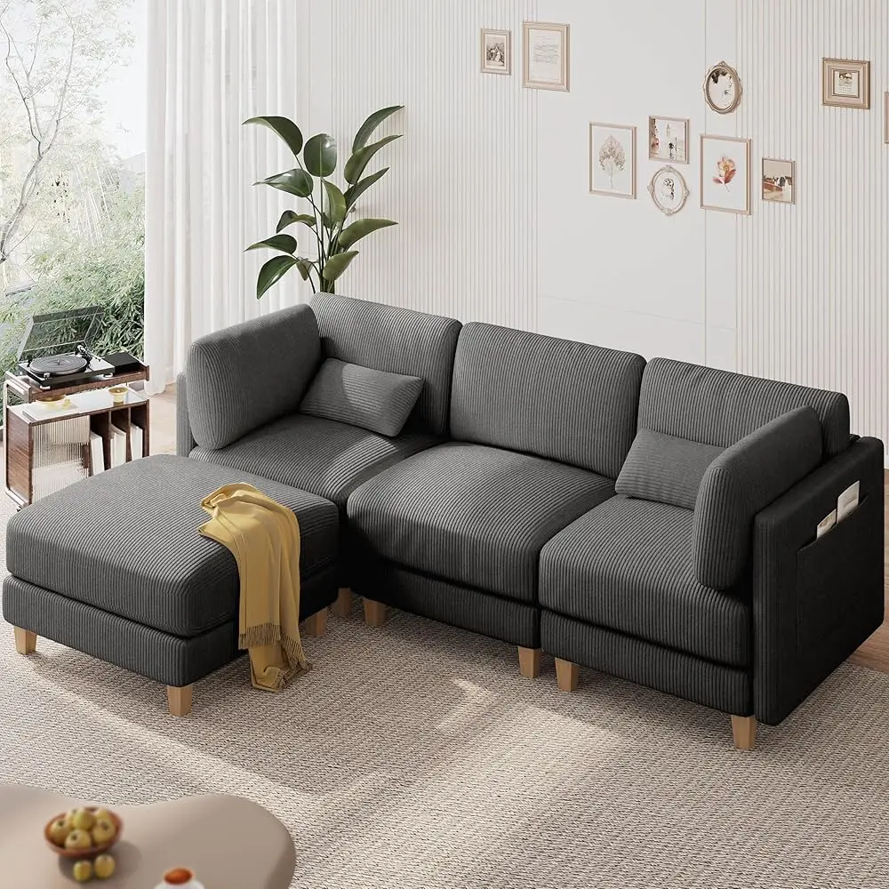 

91.1"" Modern L-Shaped Sectional Sofa For Living Room, 3-Seater Comfy Couch With Deep Seat And Movable Ottoman, Corduroy