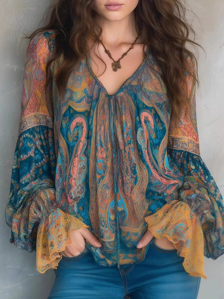 Blusas Étnicas Vintage Bohemias para Mujer, con Volantes, Manga Larga, Cuello en V, Casuales, con Estampado Paisley, Camisetas Boho para la Playa
