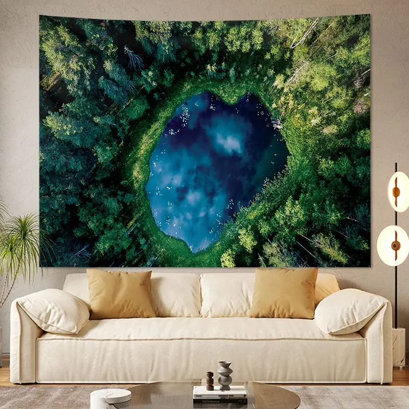VIKAMA Aerial Photography Forest Lake Tapestry HD Wear resistant Fabric Living Room Room Decoration Home Furnishings