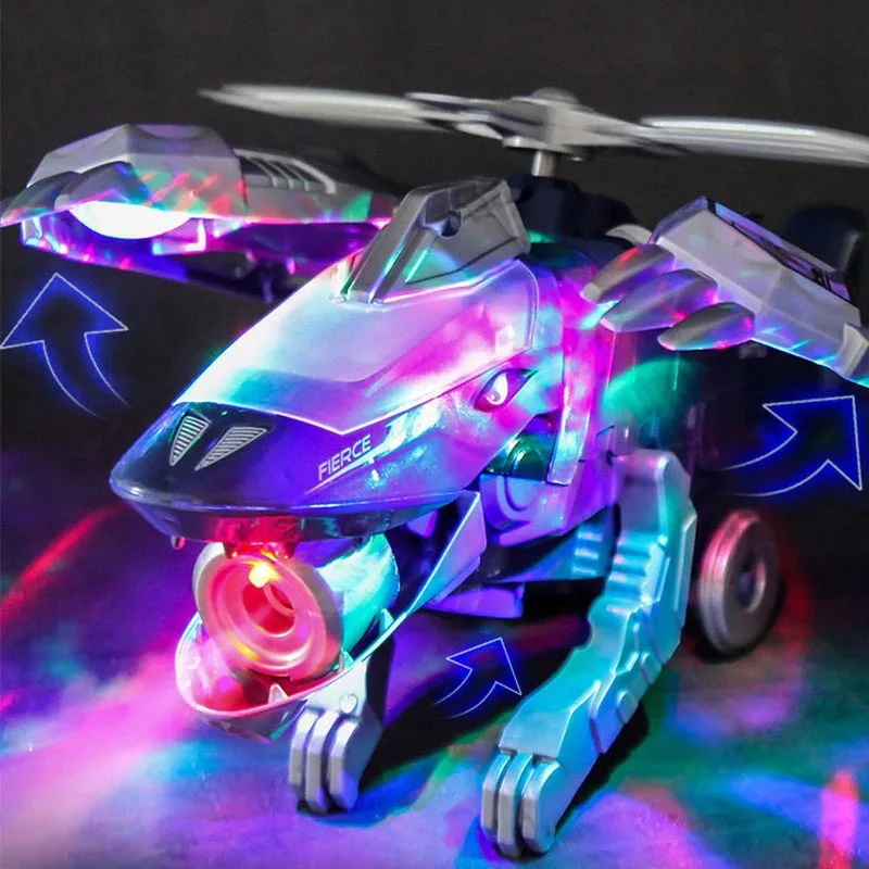 Children's Toy Airplane Music Transforming Helicopter Toy LED Plastic Electric Dinosaur Toy Automatic Mist Spray Helicopter Toys