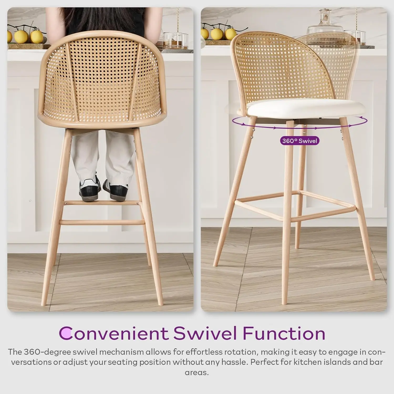 طقم مقاعد بار مقاس 29 بوصة مكون من قطعتين، ارتفاع دوار، مسند ظهر من الروطان، أرجل معدنية، مقاعد جزيرة مطبخ بوهو الحديثة، أبيض