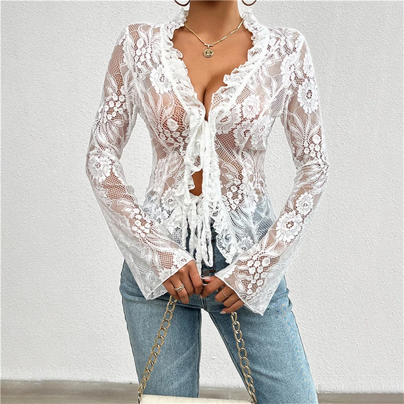 Sexy pura renda blusa feminina com decote em v manga alargamento rendas feminino camisa fina 2024 primavera verão nova moda senhora blusas