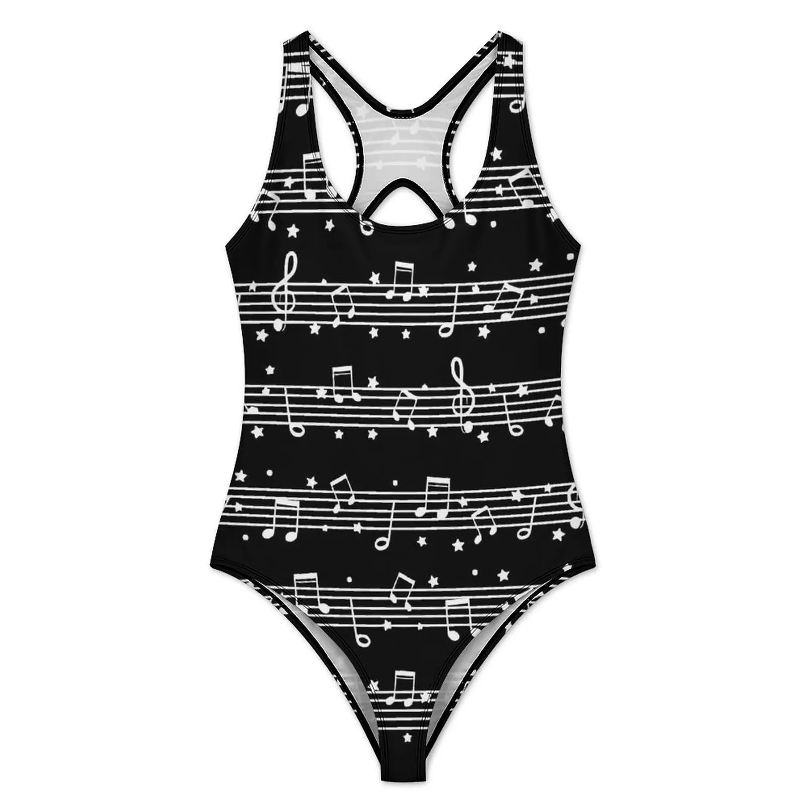 Music Note White And Black Swimsuit Sexy  One Piece Swimwear Push Up Bodysuit Simple Beach Bathing Suits