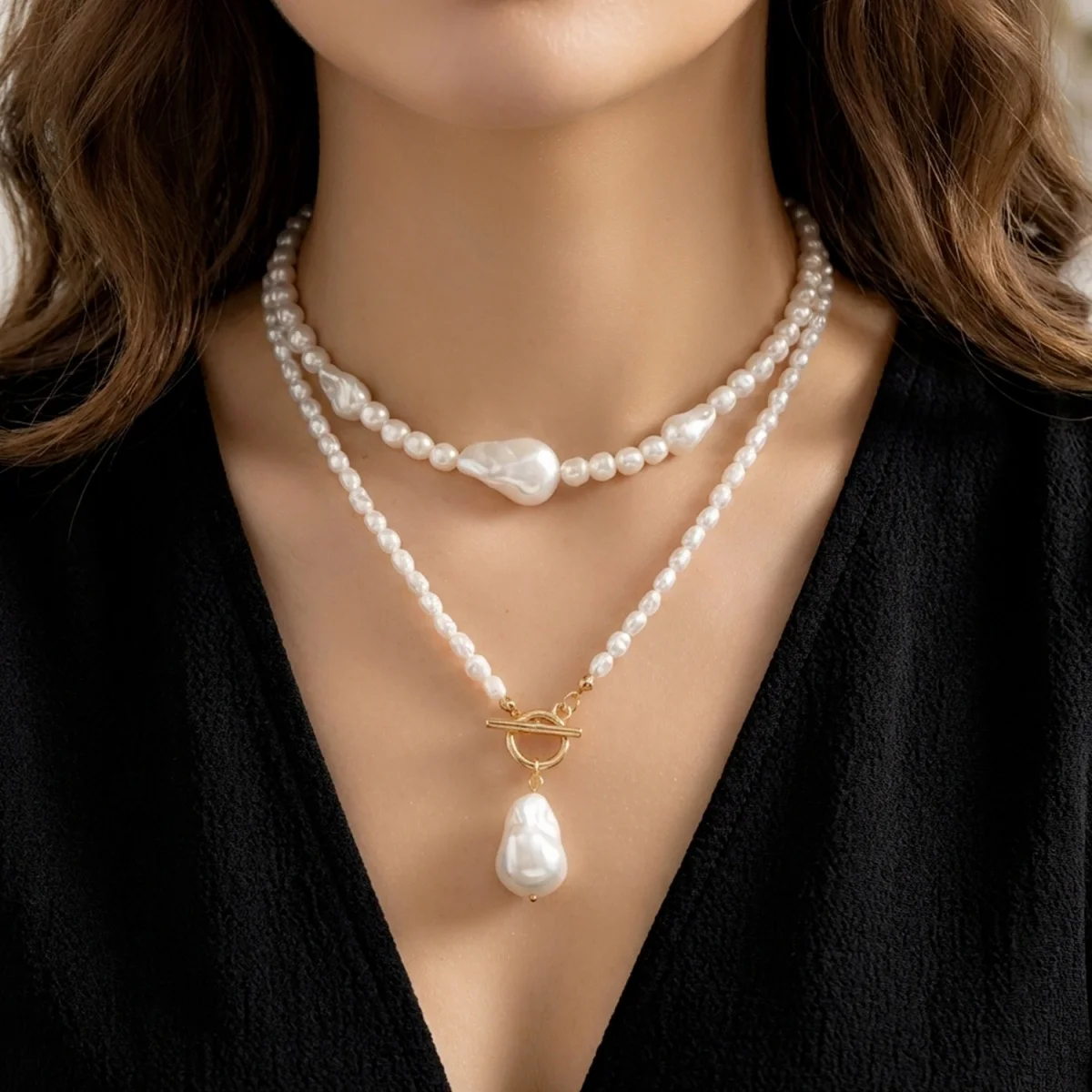 Minimalistische barocke unregelmäßige Imitationsperlen-CCB-Perlen-Anhänger-Halskette für Damen und Herren, mehrschichtige Perlen-Halskette, stapelbarer Choker-Schmuck – Detail 16