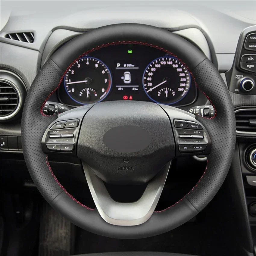 Black Artificial Leather Car Steering Wheel Cover for Hyundai Kona 2017 2018 2019 2020 2021 2022 2023