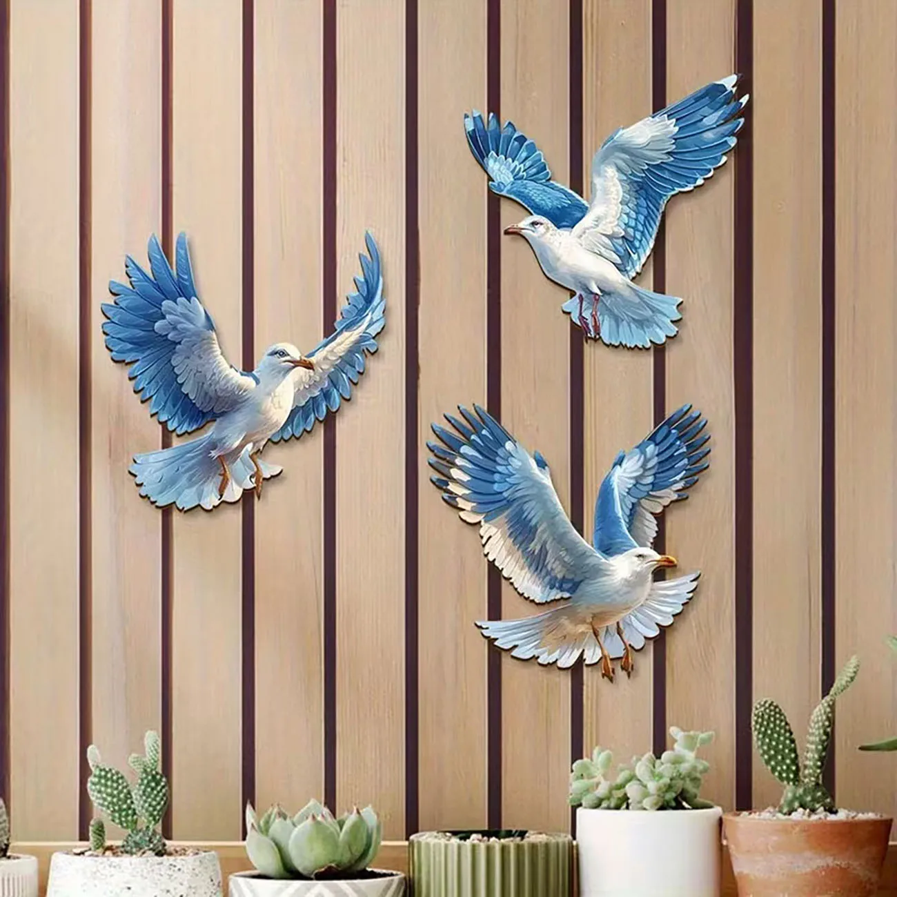 3PCS Seagull Wall Decor, Coastal Wooden Seagull Art with Double-Sided Nano Tape