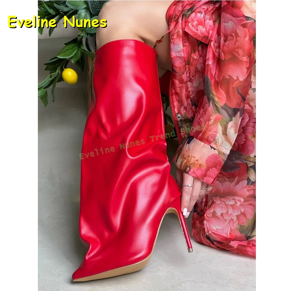 الأحمر خنجر مثير حذاء برقبة للركبة أشار تو مطوي الصلبة سحب على فتاة حار أنيق الأحذية الحديثة المدرج عرض الأحذية 2025 الاتجاه #6