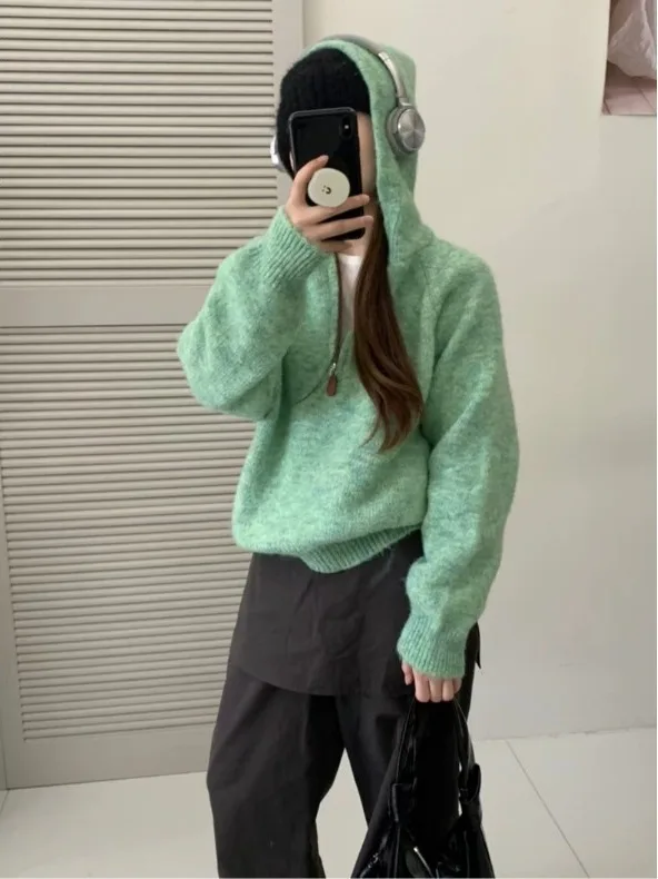 

Свободный женский вязаный свитер в корейском стиле, цветная толстовка с капюшоном, удобный мягкий материал, на молнии, весна-осень, модный дизайн