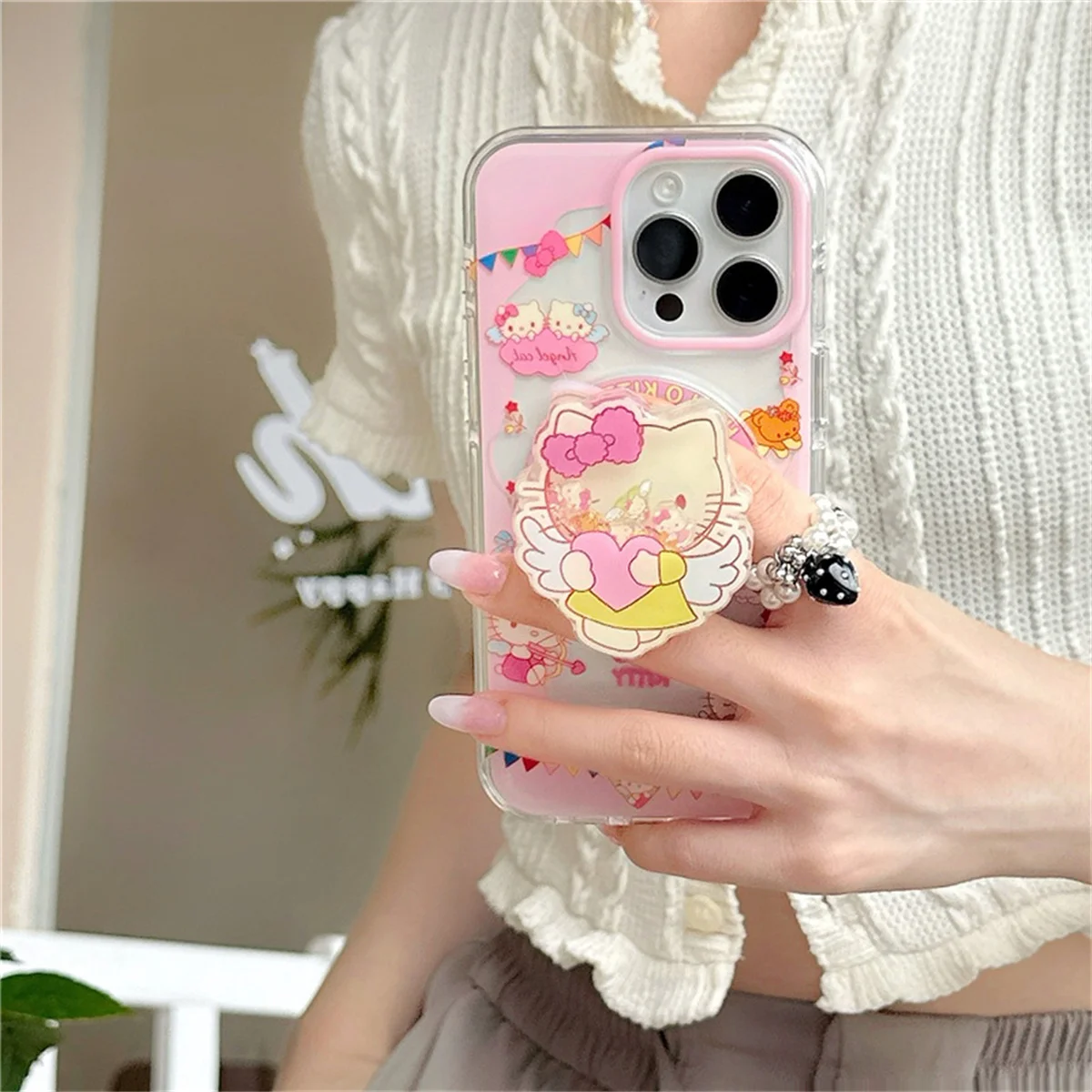 

Kawaii Cartoon Hellokitty Magnetic Phone Case For iPhone 16 Pro 14 15 Pro Max Cover with Stand Holder Cases For Magsafe