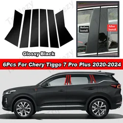 6Pcs Glossy Piano Black Car Door Window B C Pillar Post Cover Trim For Chery Tiggo 7 Pro Plus 2020-2024 Carbon Fiber Sticker
