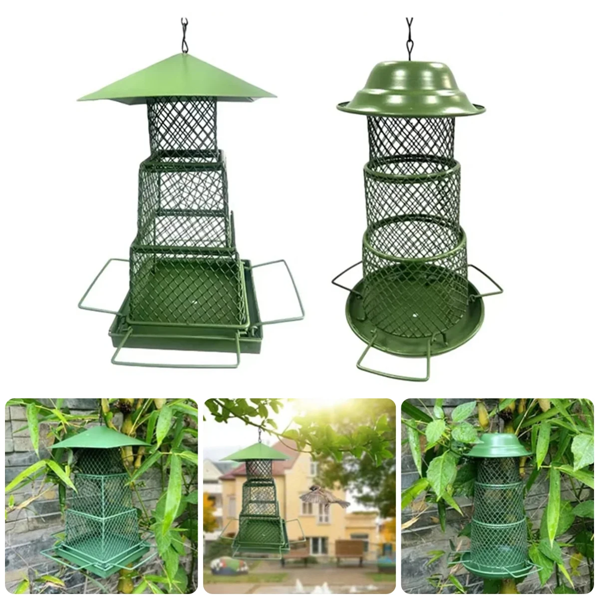1Pc Outdoor Retractable Bird Feeder Round/Square Squirrel Proof Metal Mesh Design Hanging Bird Feeding Cage Pet Birds Supplies