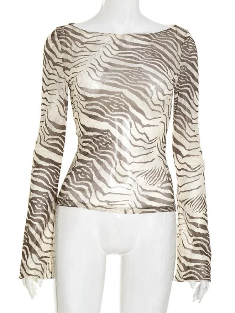 

Vintage Y2K Zebra Stripe See-Through T-Shirt | Women's Sexy Bodycon Streetwear Tee