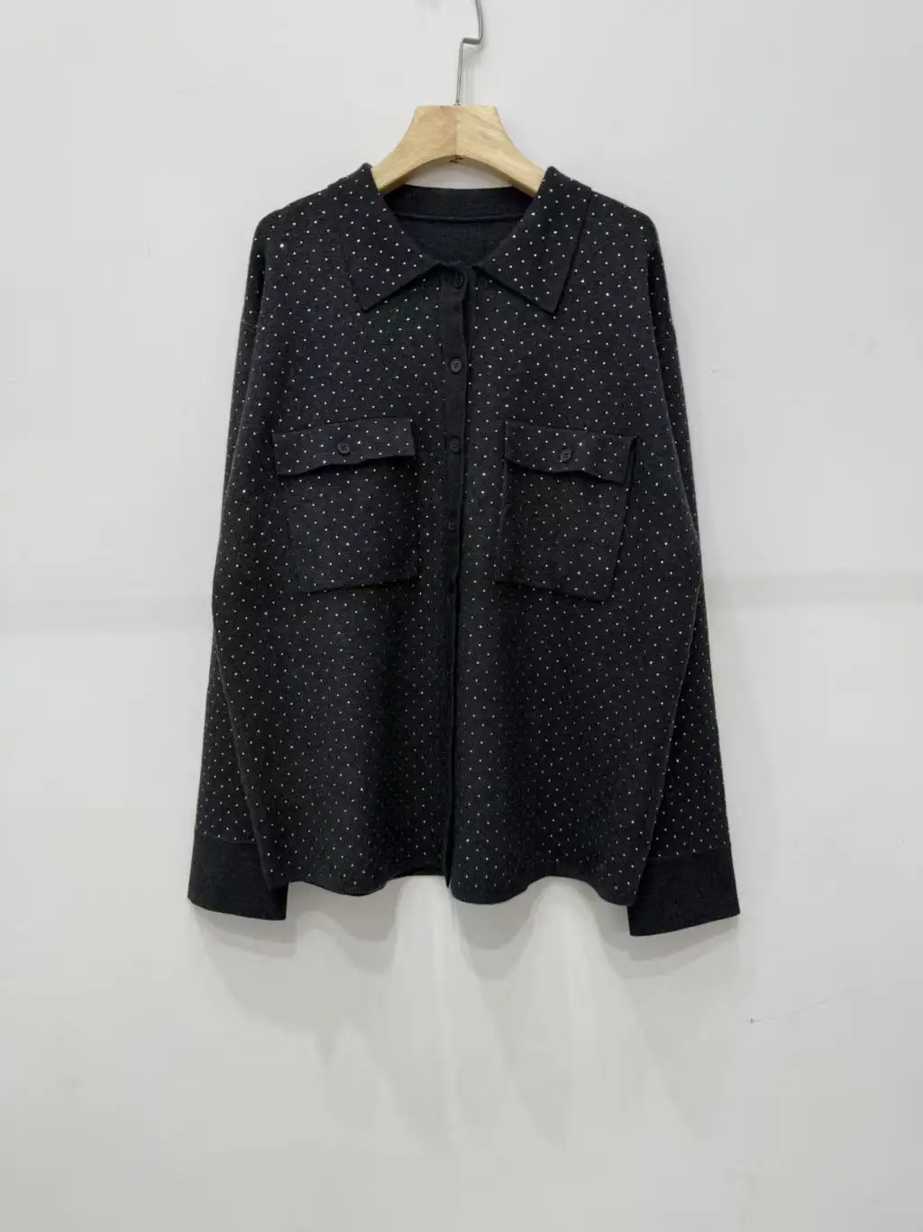 

Autumn/Winter Women Polka Dot Knit Set Turn-down Collar Solid Single-Breasted Knitwear Shirt + High Waist Casual Straight Pants