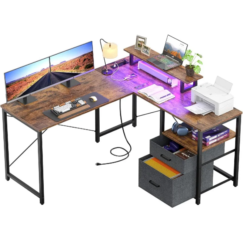 

L Shaped Computer Desk with Storage File Drawer, Reversible Home Office Desk with Recessed Power Strip and Led Strip,
