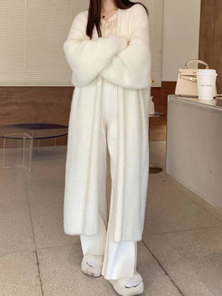 Elegante Vintage Gestrickte Mantel Winter Weiche Lose Jacke Koreanische Casual Herbst Winter Pelz Strickjacke Frauen Einfarbig Lange Pullover