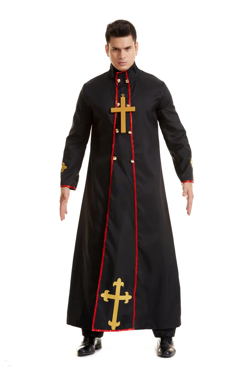 Adult Men Evil Priest Costumes Cosplay Jesus Christ Godfather Priest Robe Halloween Purim Party Fancy Dress