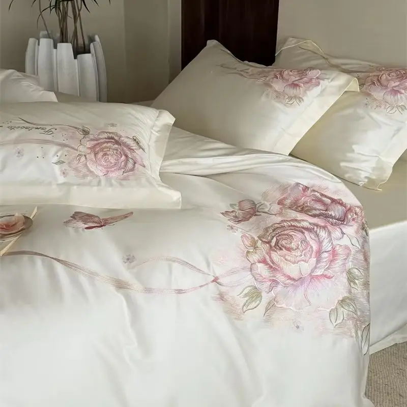 600TC Egyptian Cotton Luxury Pink Flowers Butterfly Embroidery Bedding Set Duvet Cover Bed Sheets/Fitted Sheet Pillowcases 4Pcs