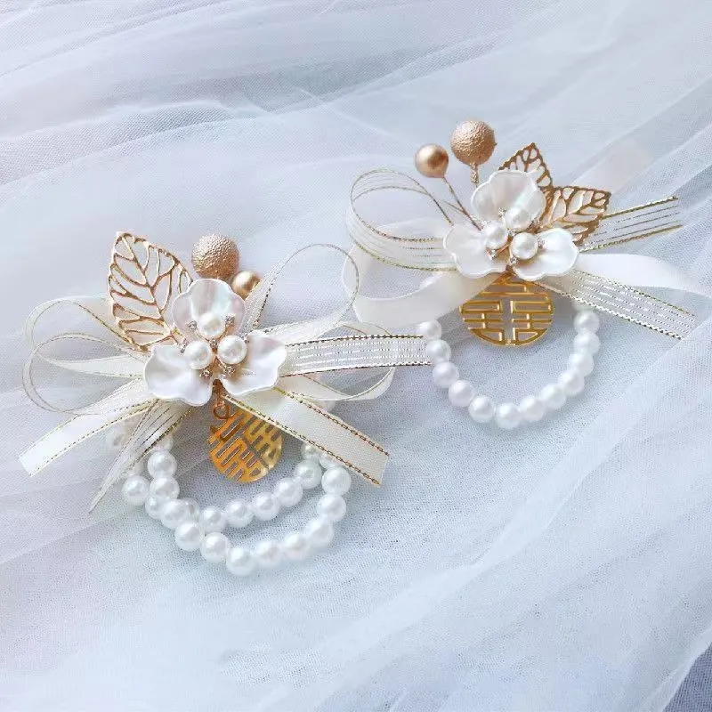 

Bridal Bridesmaid Hand Flower Corsage Wrist Flower Imitation Pearl Wedding Wristband Flower Bracelet Girls Party Jewelry