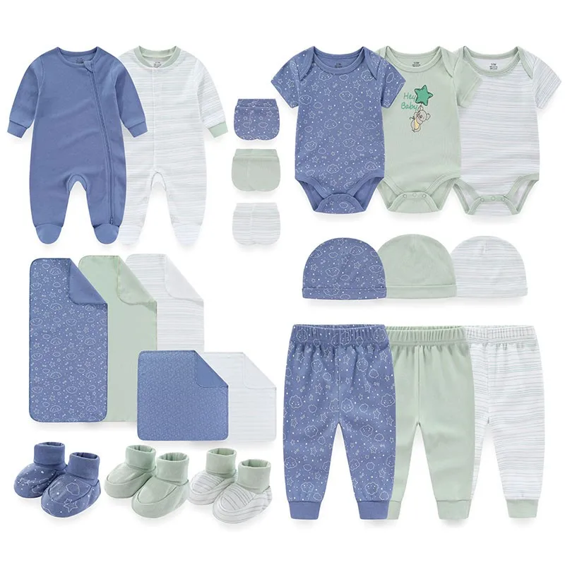 Newborn 22 Pieces Unisex Gift Set 100% Cotton Jumpsuit/Pant/Hat/Footwear/Mitten/Blanket Baby Boy Girl Clothing Set