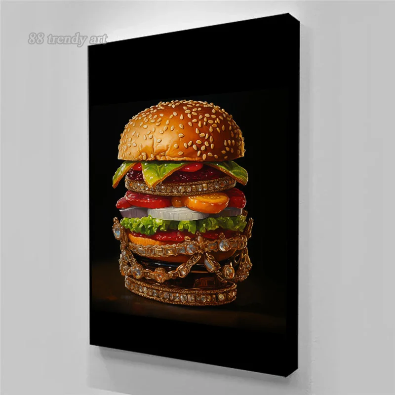 Giant Luxury Burger Bling Posters HD Canvas Print Painting Wall Art Picture for Modern Home Restaurant Wall Decoration Mural