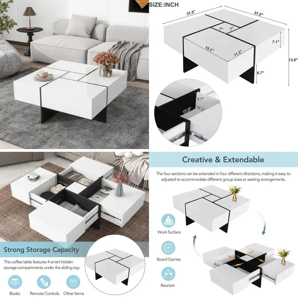 현대적인 확장형 커피 테이블, 4개의 숨겨진 수납공간, 고광택 사각형 센터 칵테일 테이블
