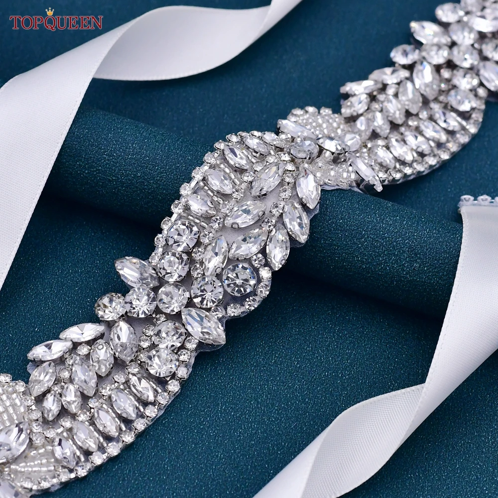 TOPQUEEN S114 Wedding Dress Belt Designer Ribbon Sash Women Sparkly Rhinestone Moroccan Caftan Bridal Accessories Applique