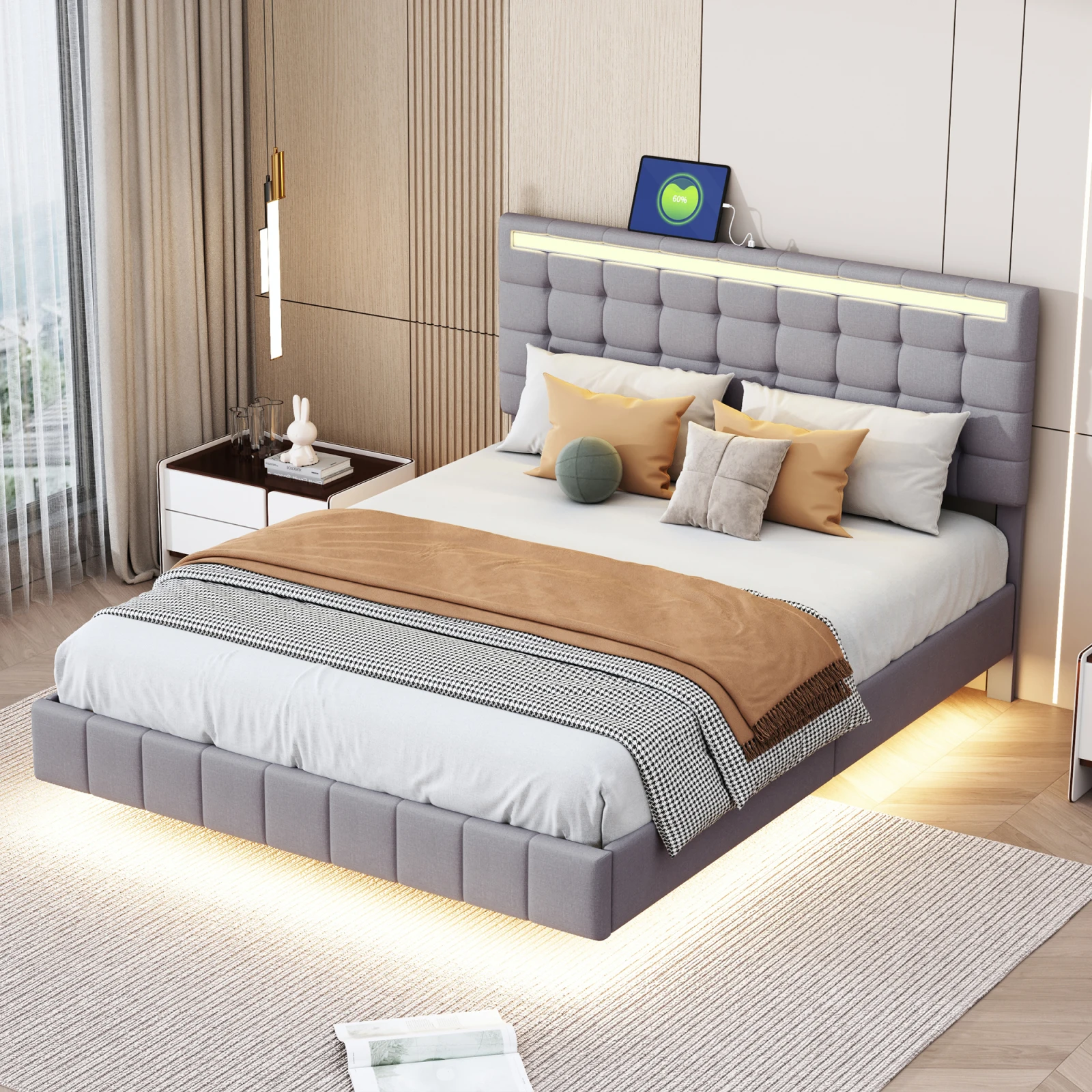 140/160 x 200 cm Upholstered bed ,doube bed, floating bed frame with LED lights and headboard design,in skin-friendly linen