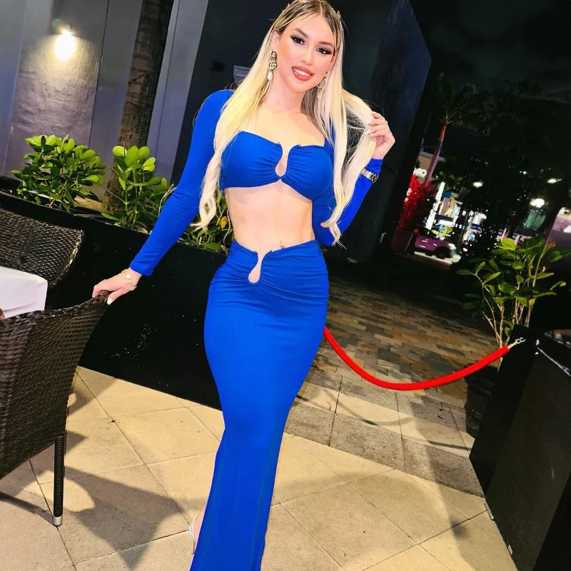 Sexy Women Two Piece Set Party Elegant 2023 Autumn Wrap Chest Long Sleeve Crop Top Split Back Long Skirt Slim Outfits Streetwear